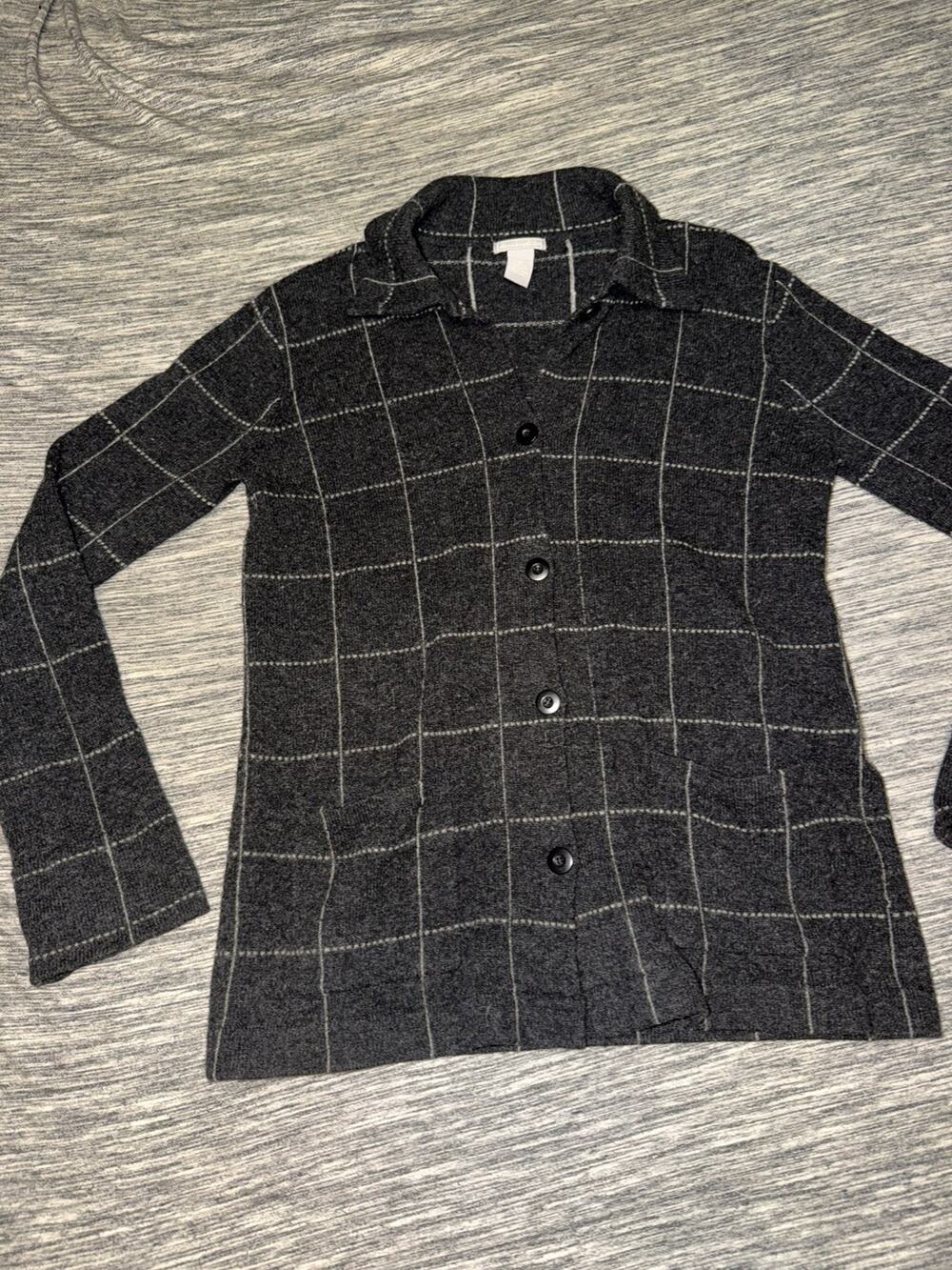 VTG Deane & White Lambswool Windowpane Plaid Button Cardigan Women M Gray Preppy